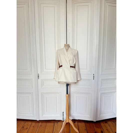 1990s Cream Blazer with Brown Leather Like Accents
