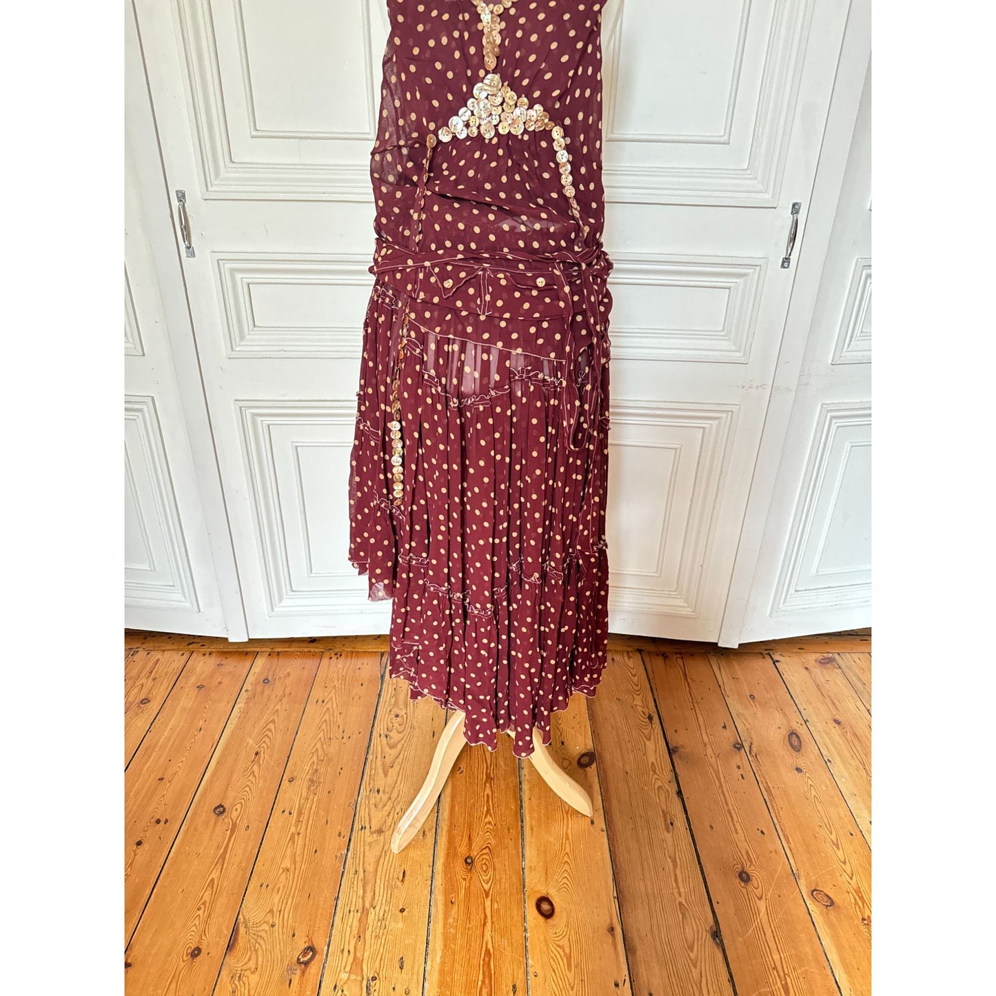 SS 2003 Burgundy Polka Dot Three-Piece Set with Button Detailing