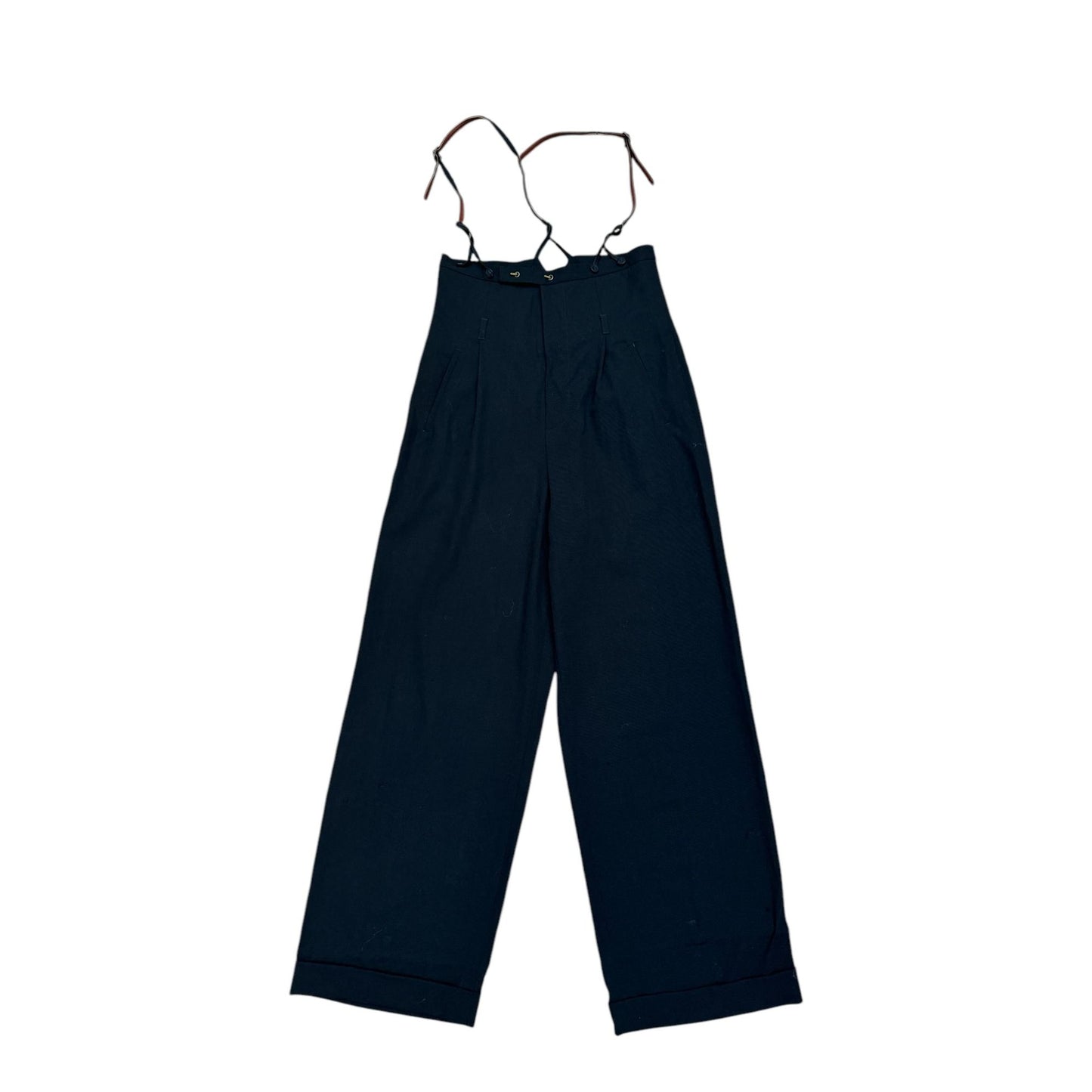 Vintage Wide Black Wool Pants with Suspenders