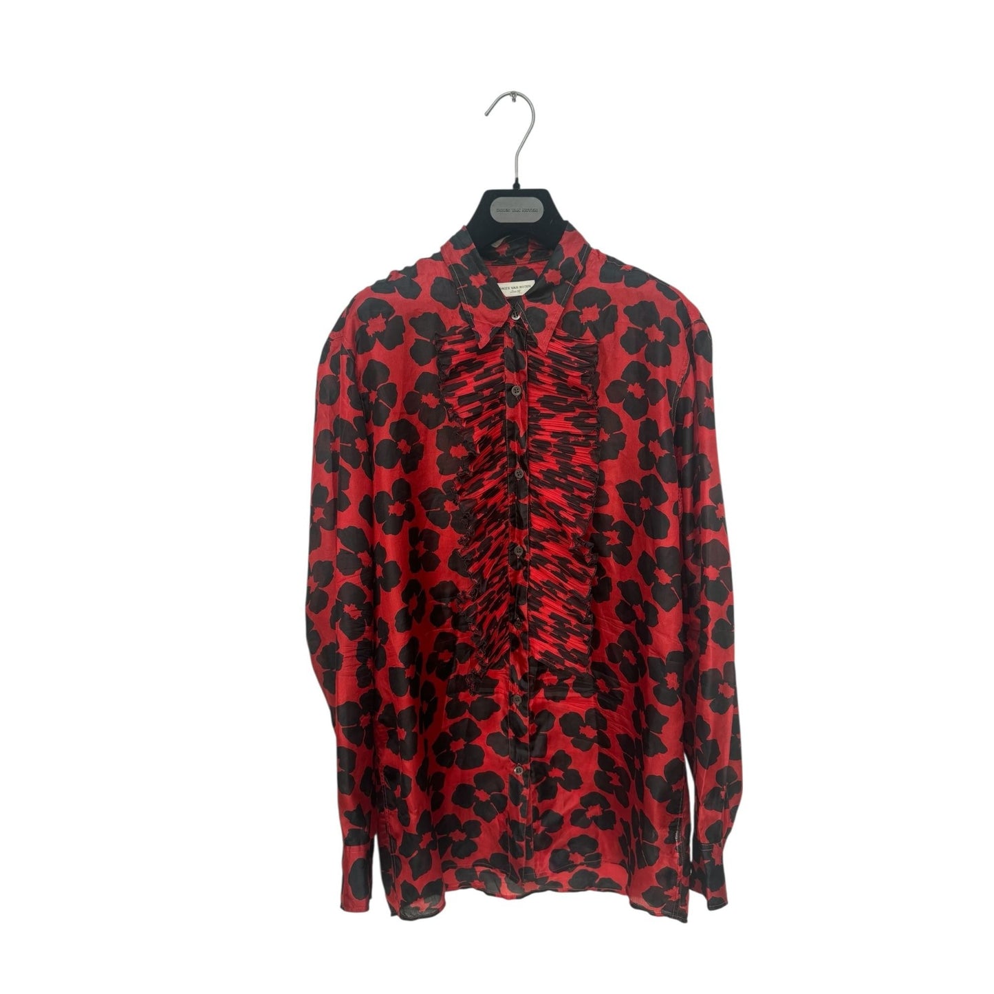 Black & Red Silk Floral Shirt with Ruffled Front