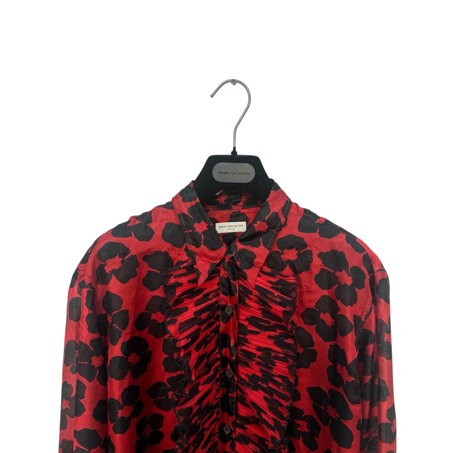 Black & Red Silk Floral Shirt with Ruffled Front