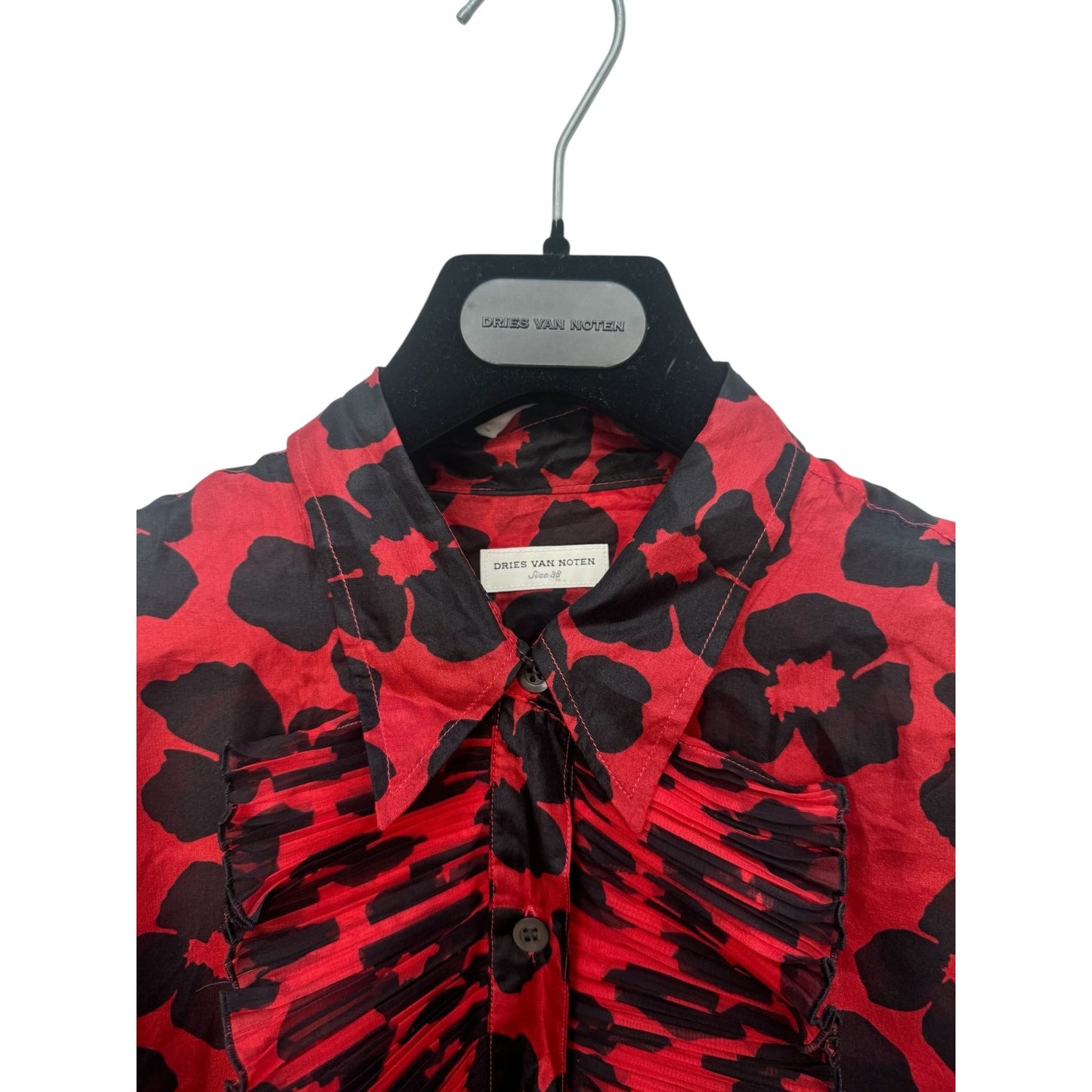 Black & Red Silk Floral Shirt with Ruffled Front