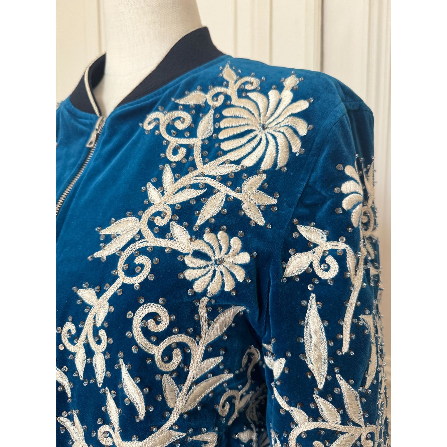 FW 2018 Blue Velvet Sequined Embroidered Bomber Jacket