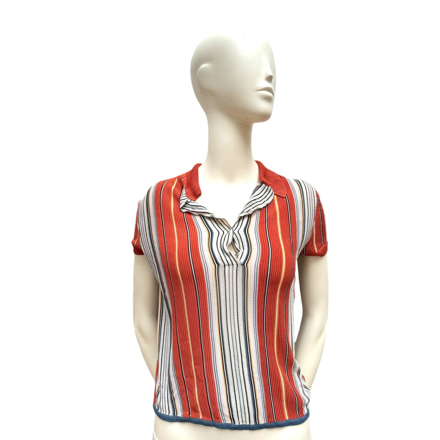 Orange White Knitted Polo Shirt Women