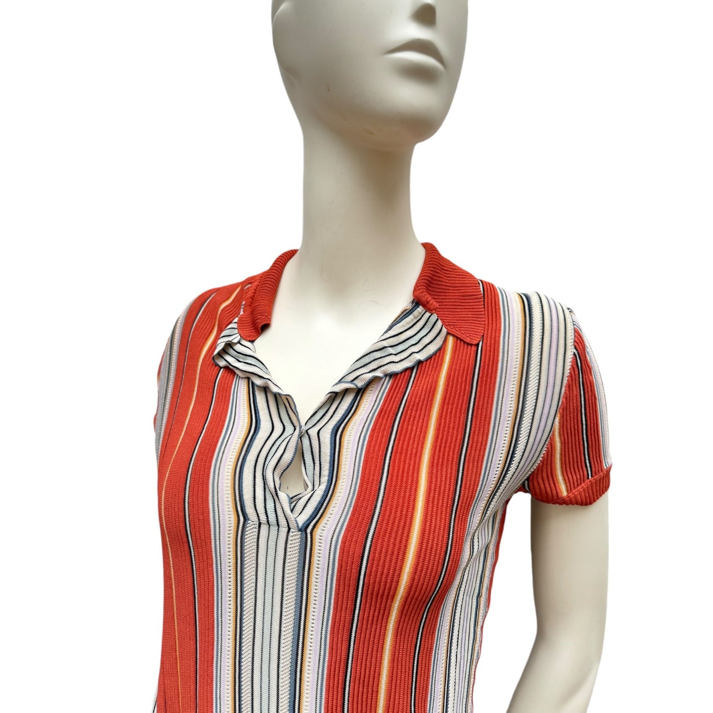 Orange White Knitted Polo Shirt Women