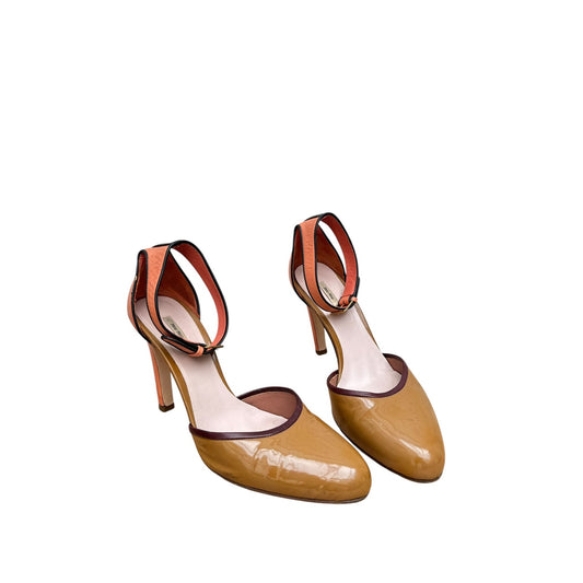 Brown / Pink Patent Leather Ankle Strap Heels