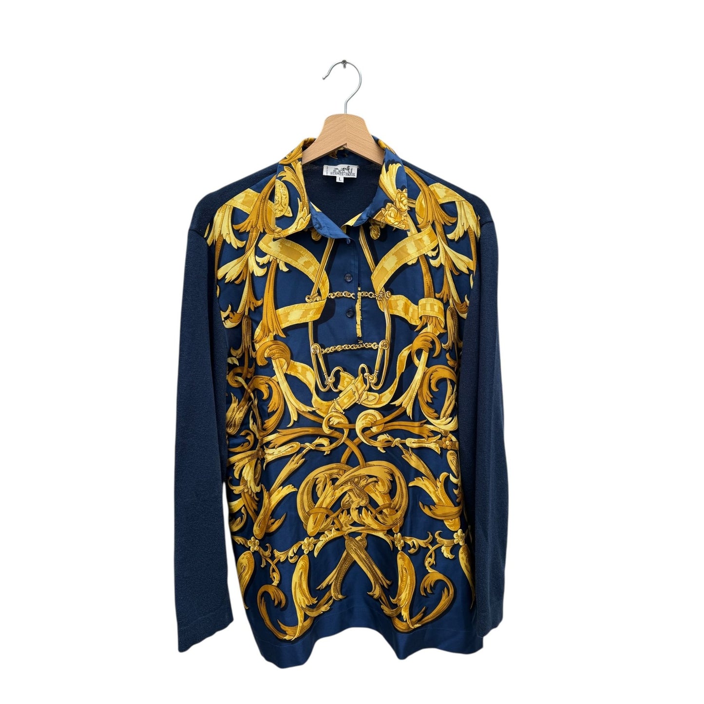 Navy Silk Cotton Printed Vareuse Top