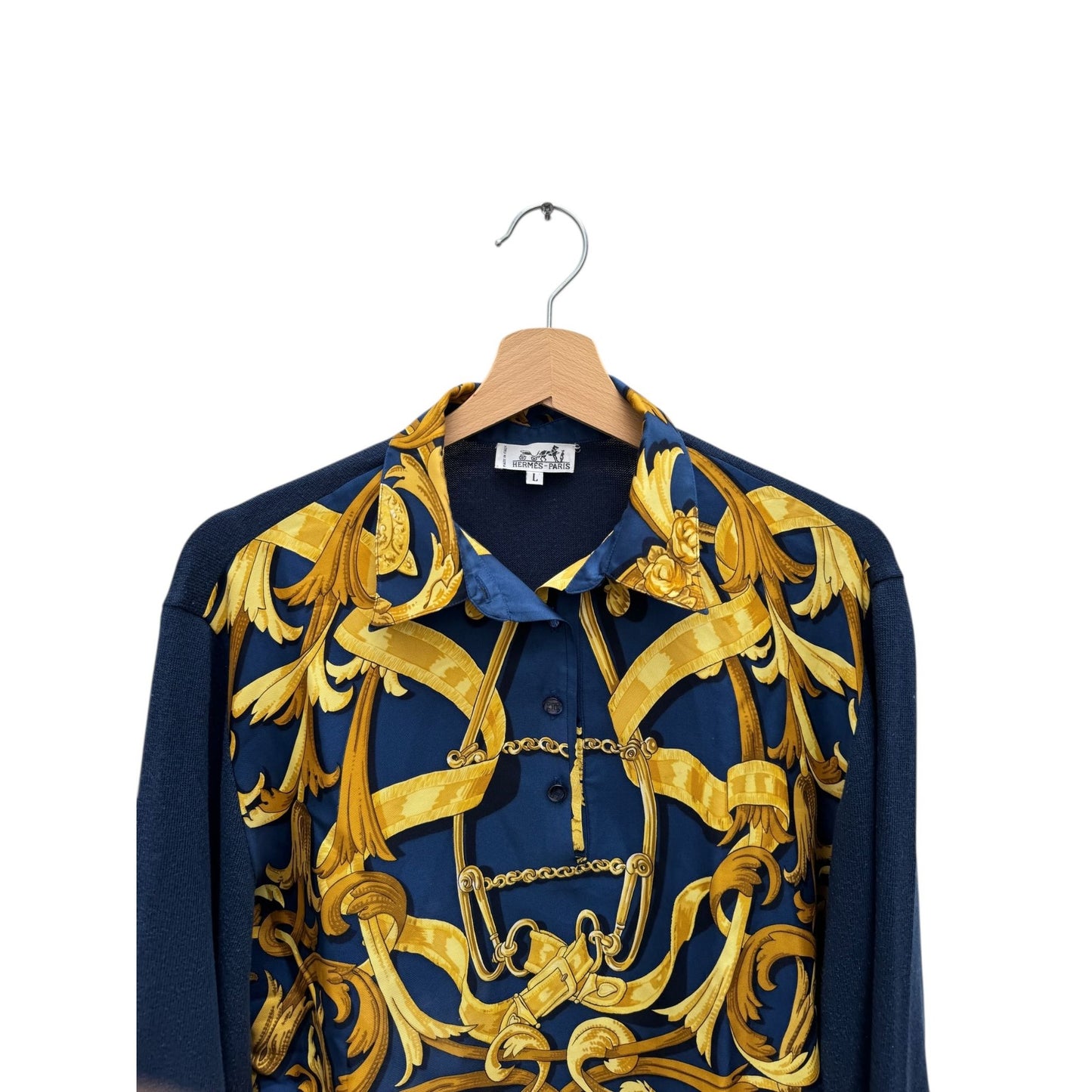 Navy Silk Cotton Printed Vareuse Top