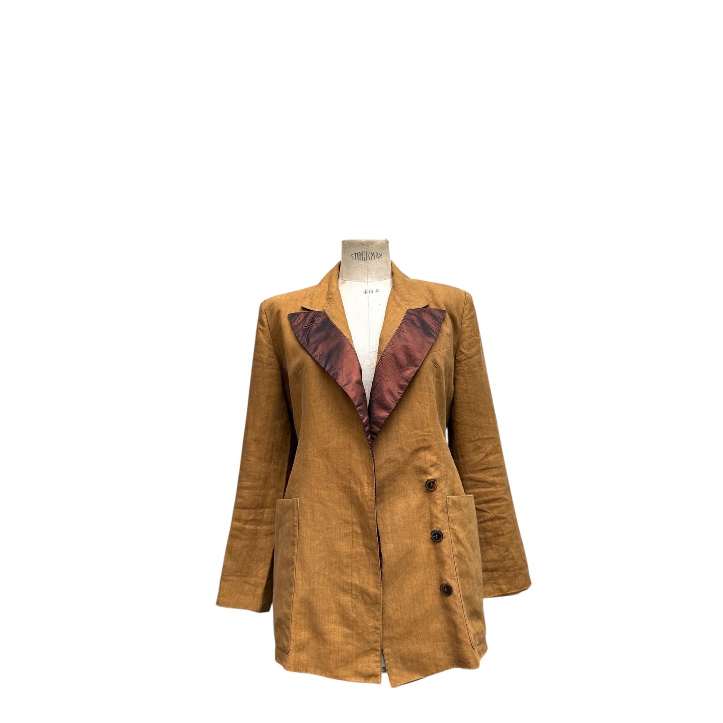 Jean Paul Gaultier
1990s Brown Linen Double-Breasted Blazer with Burgundy Silk Lapels
Size IT 46 M to L