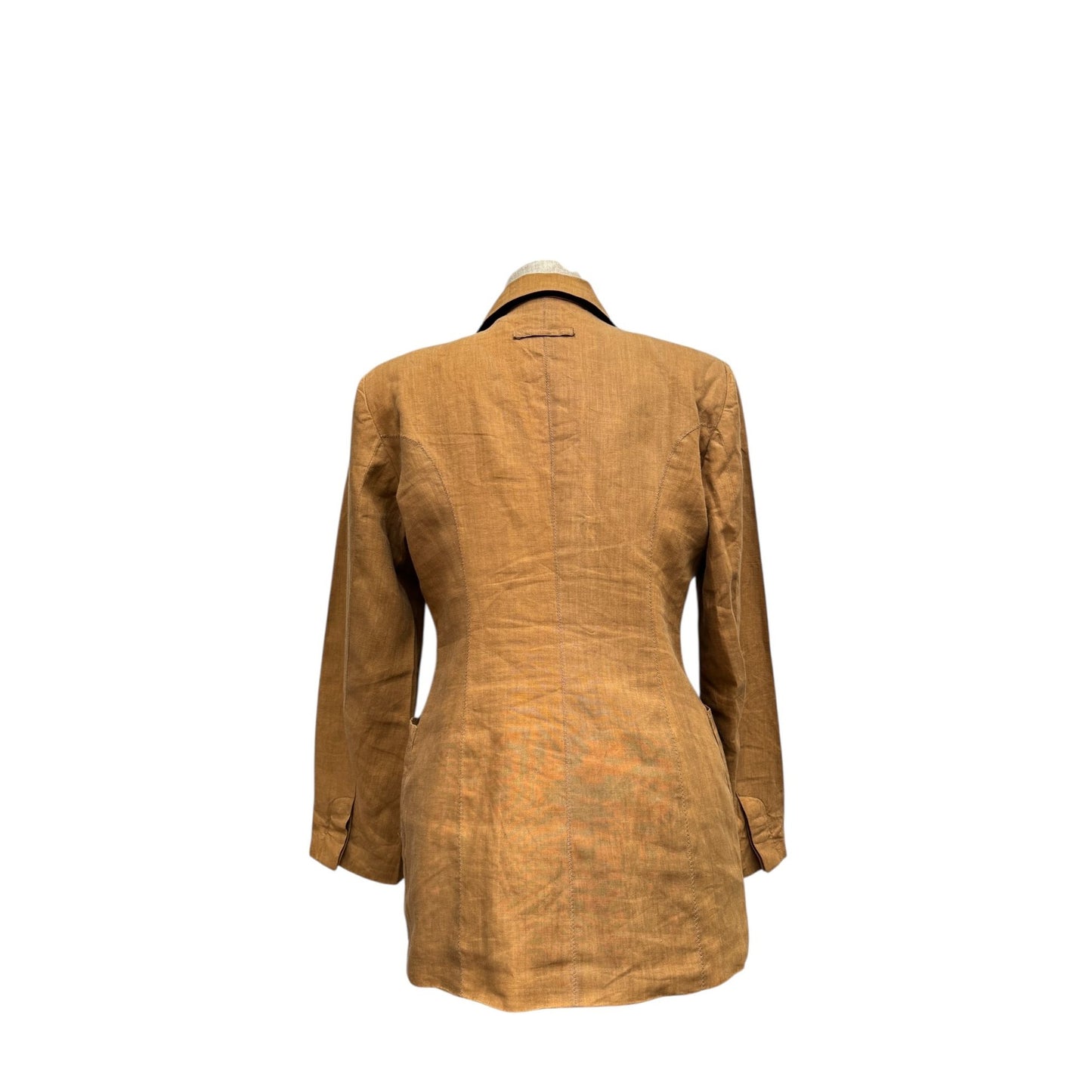 Jean Paul Gaultier
1990s Brown Linen Double-Breasted Blazer with Burgundy Silk Lapels
Size IT 46 M to L