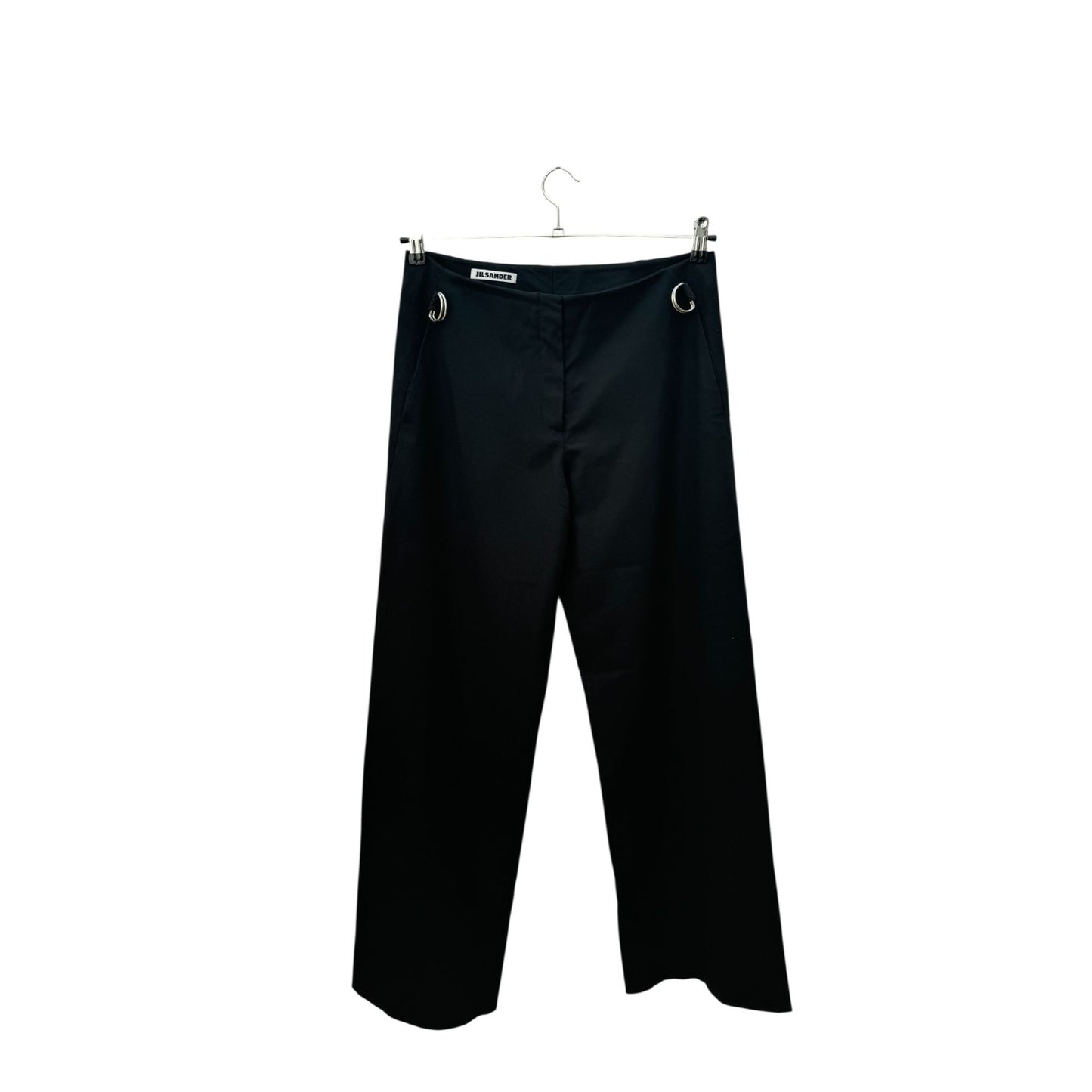 Black Wool Wide Pants with Silver Ring Detail