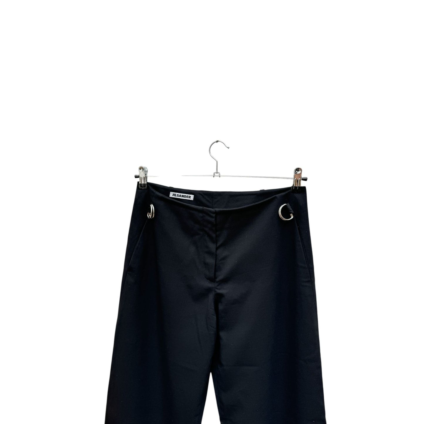 Black Wool Wide Pants with Silver Ring Detail