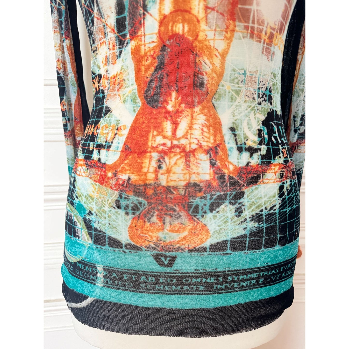 Vintage Mesh Longsleeve Top with Surreal Skull Print
