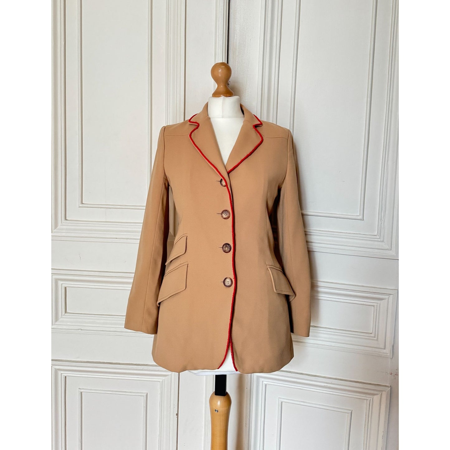 Vintage Beige Wool Blazer with Red Liseret Detailing