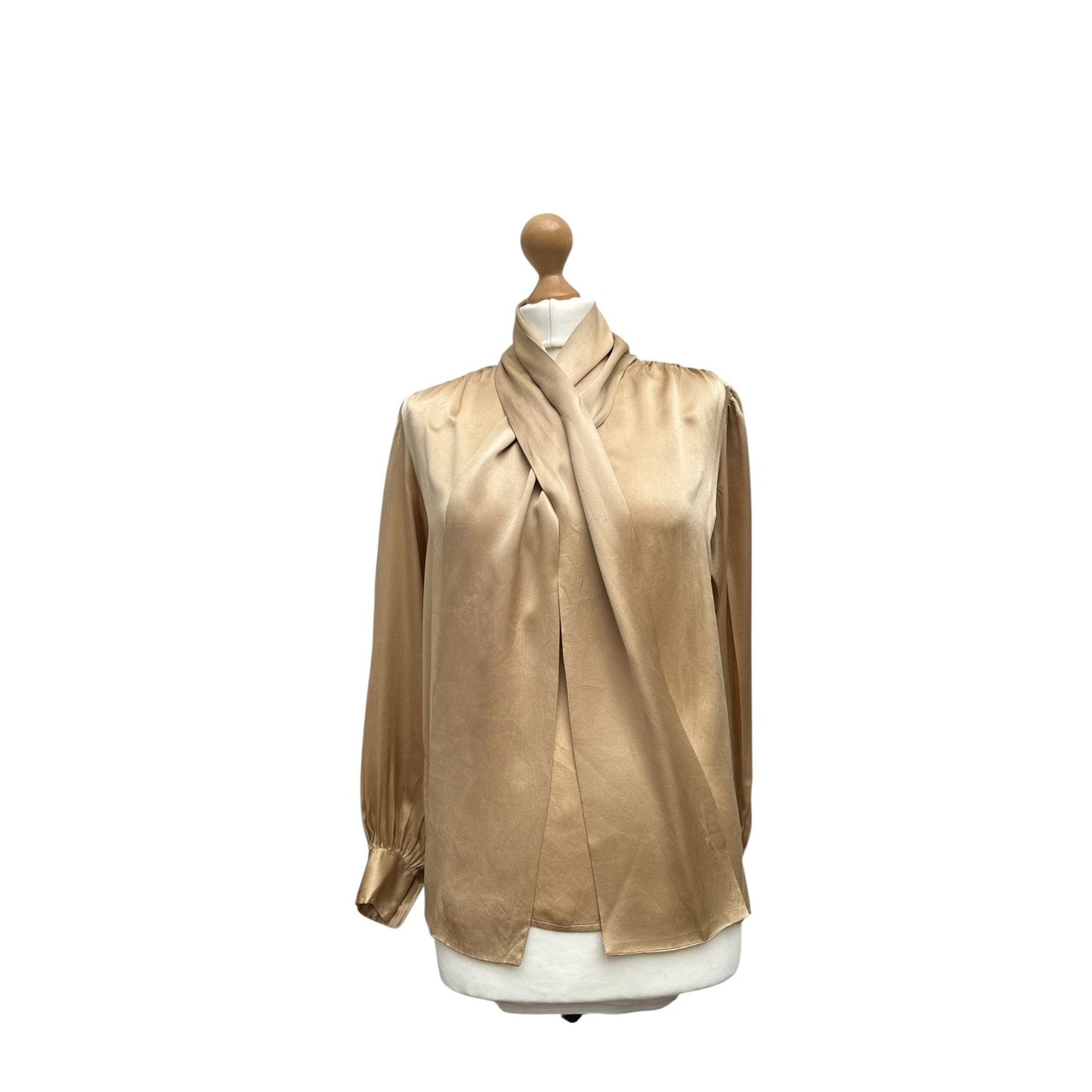 Vintage Champagne Silk Blouse with Built‑In Scarf