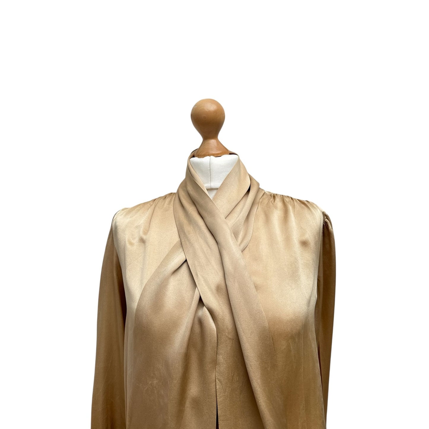 Vintage Champagne Silk Blouse with Built‑In Scarf