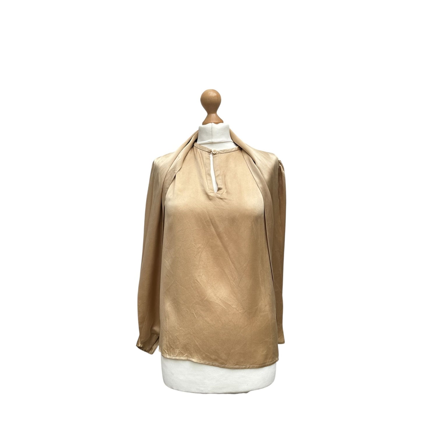 Vintage Champagne Silk Blouse with Built‑In Scarf