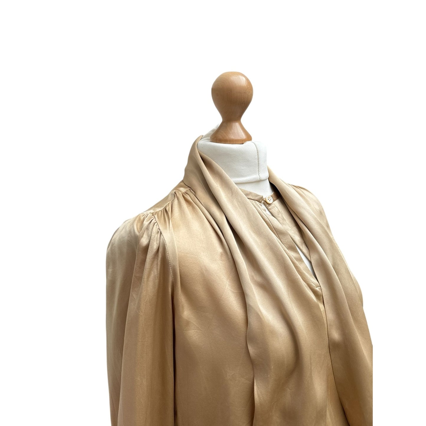 Vintage Champagne Silk Blouse with Built‑In Scarf