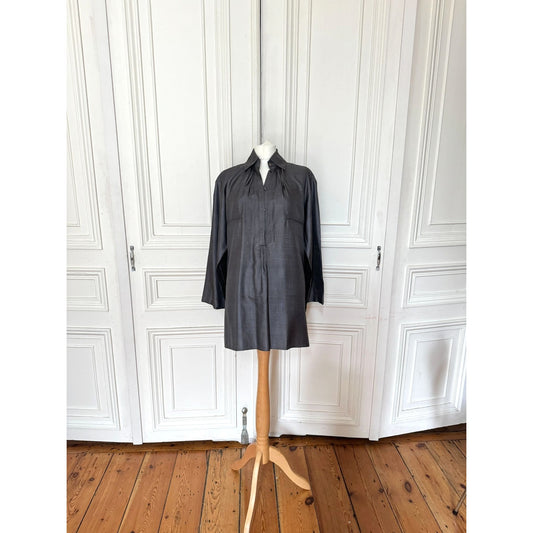 Grey Pleated Silk Blouse
