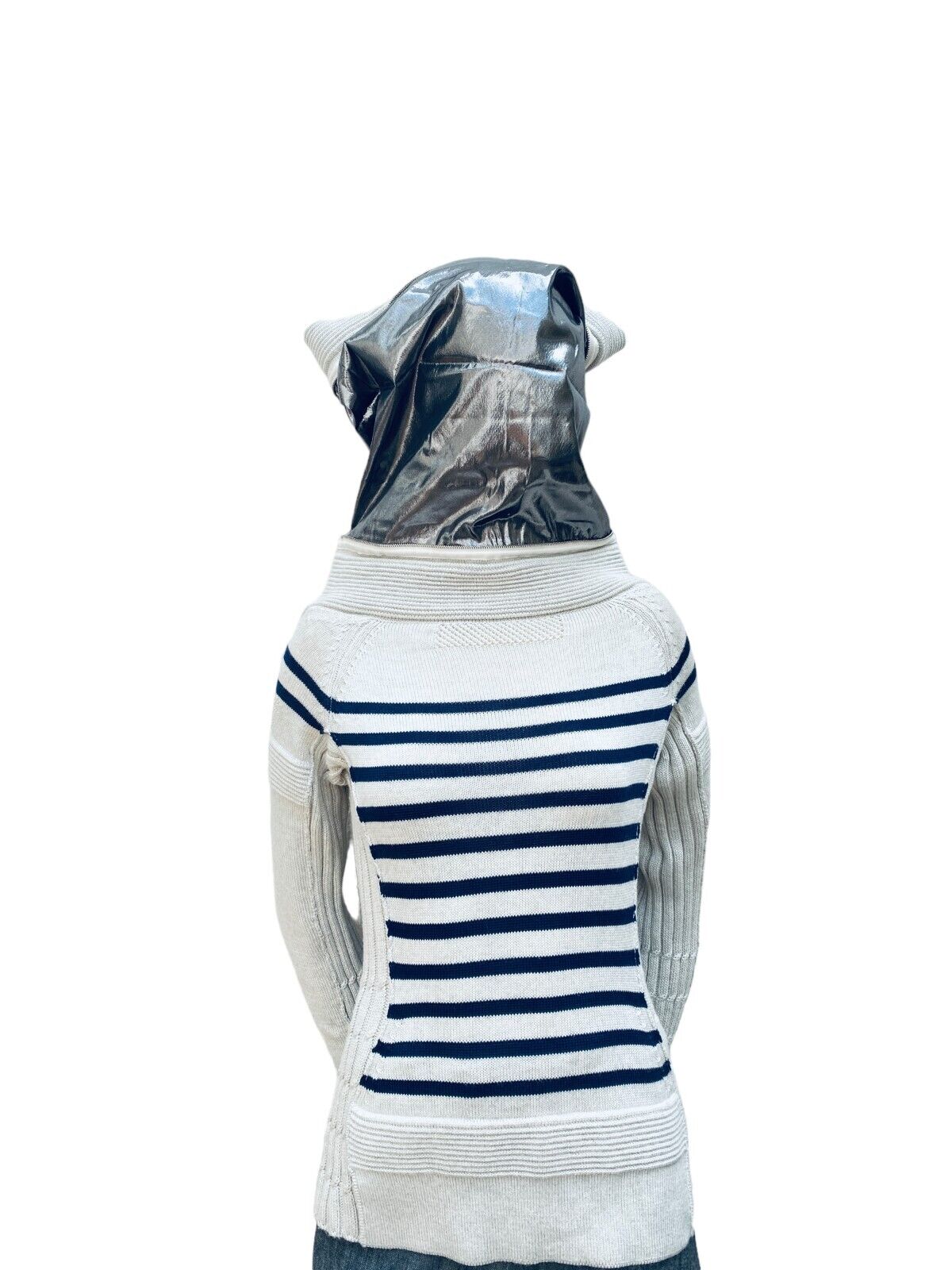 Striped Funnel Astronaut Neck Sweater Size S Mesh