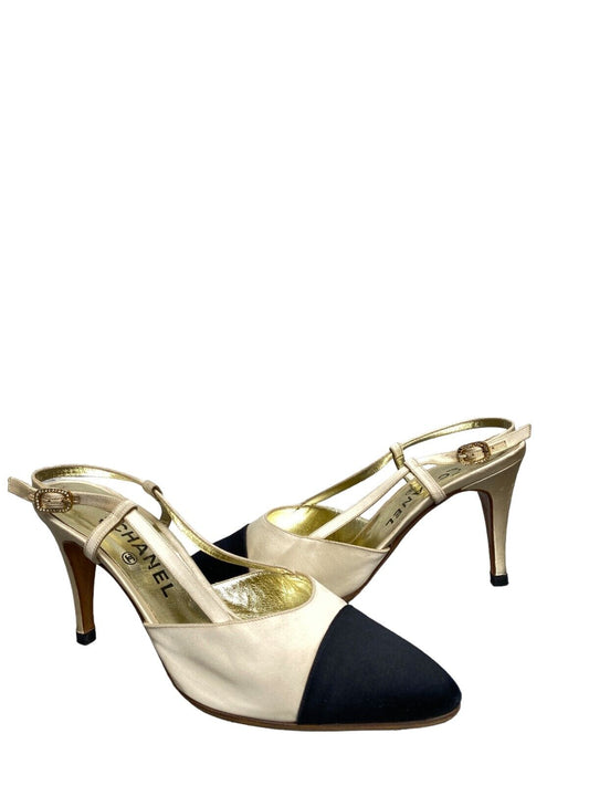 Ivory Black Slingback Pumps Heels Shoes  Size 39 1/2 US 9,5