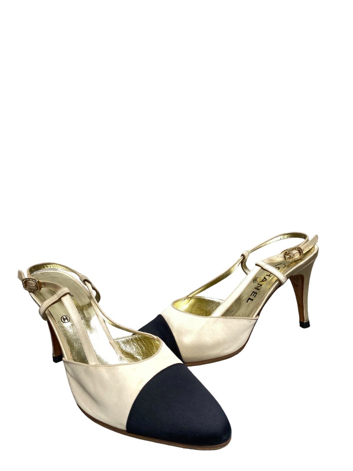 Ivory Black Slingback Pumps Heels Shoes Size 39 1/2 US 9,5