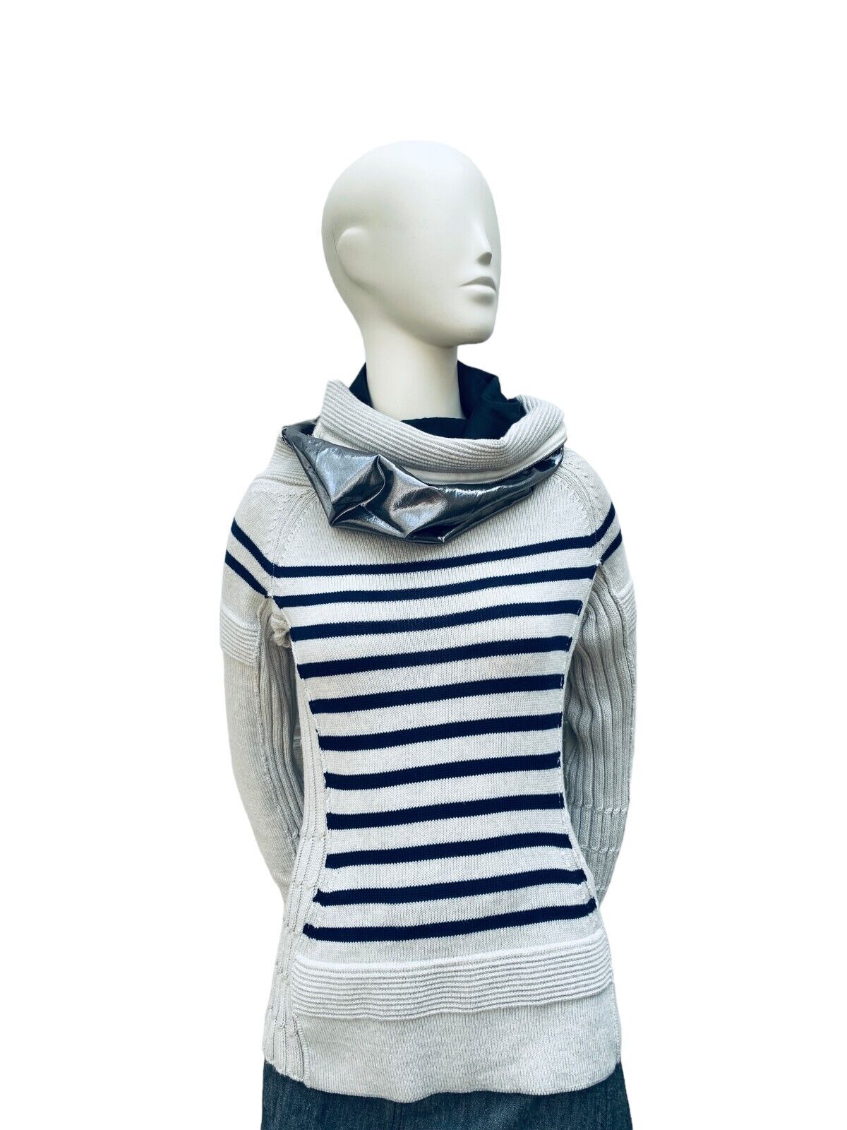 Striped Funnel Astronaut Neck Sweater Size S Mesh
