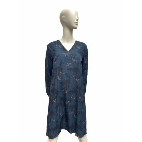 Dark Navy Tiger Silk Dress  Longsleeves