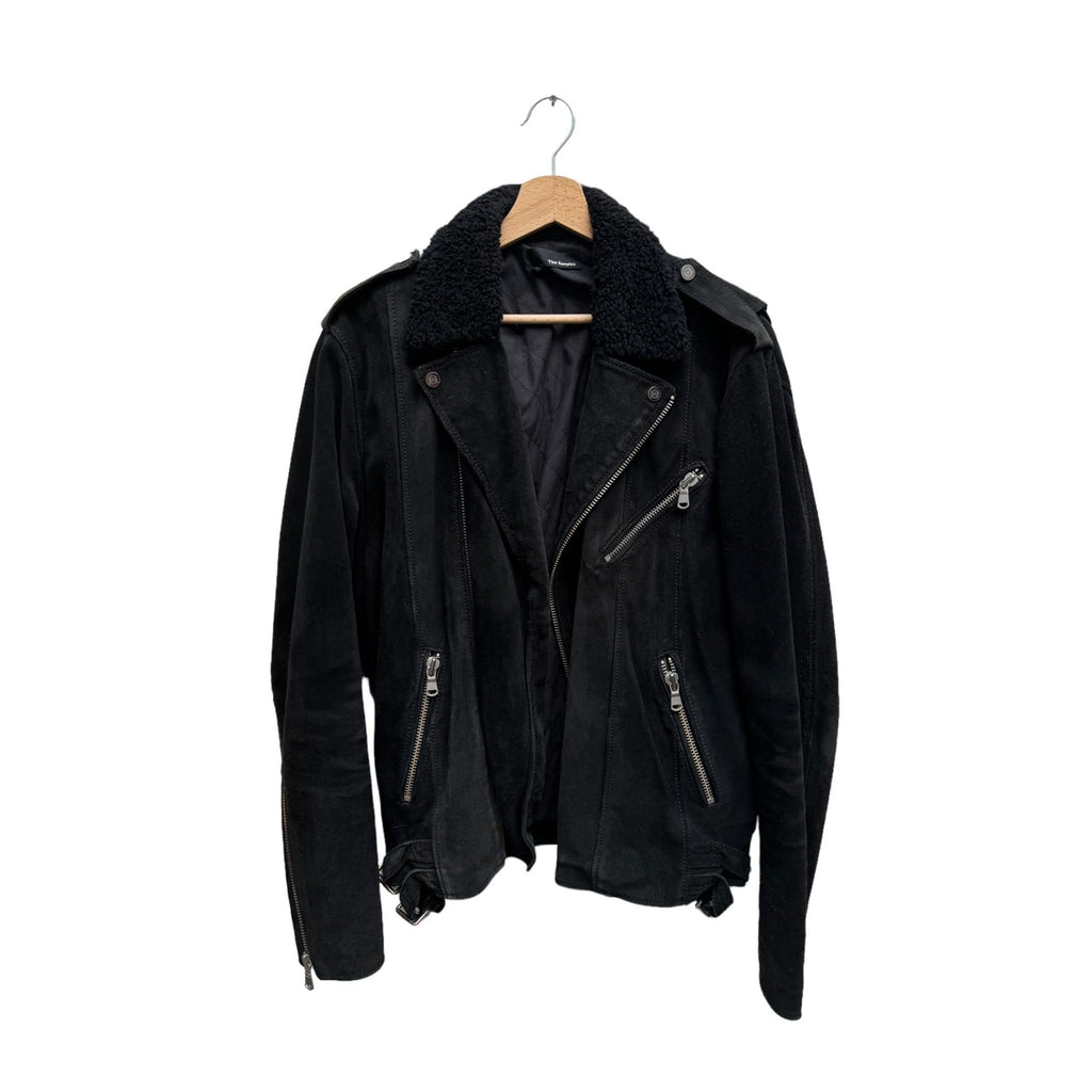 Black Suede Leather Jacket  Black Sheepskin fur collar