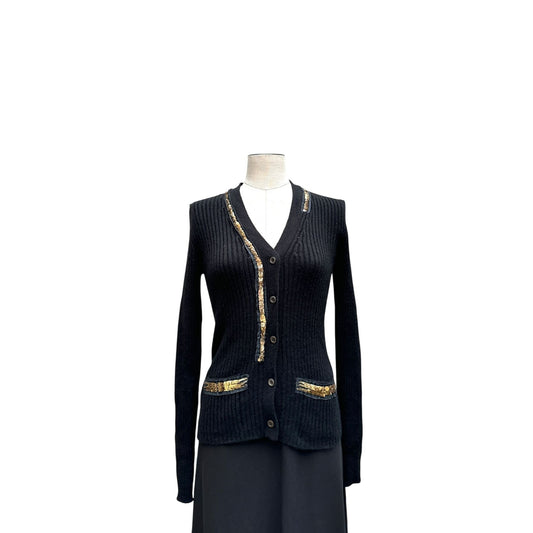 Black Ribbed Wool Cardigan with Sequin Trim