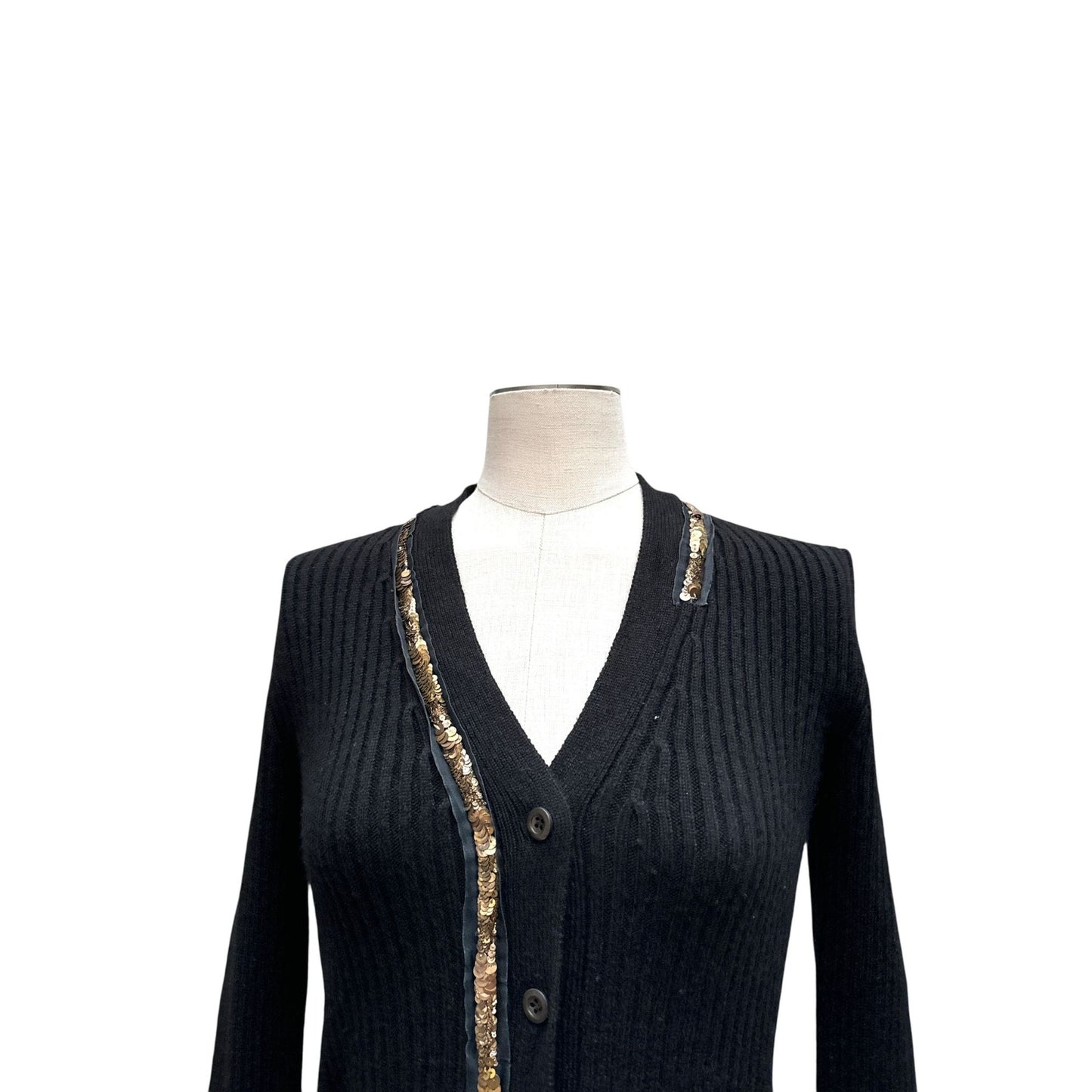 Black Ribbed Wool Cardigan with Sequin Trim