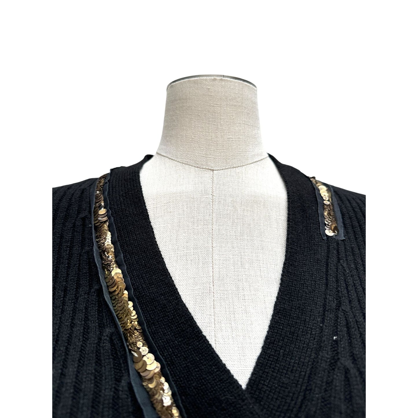 Black Ribbed Wool Cardigan with Sequin Trim