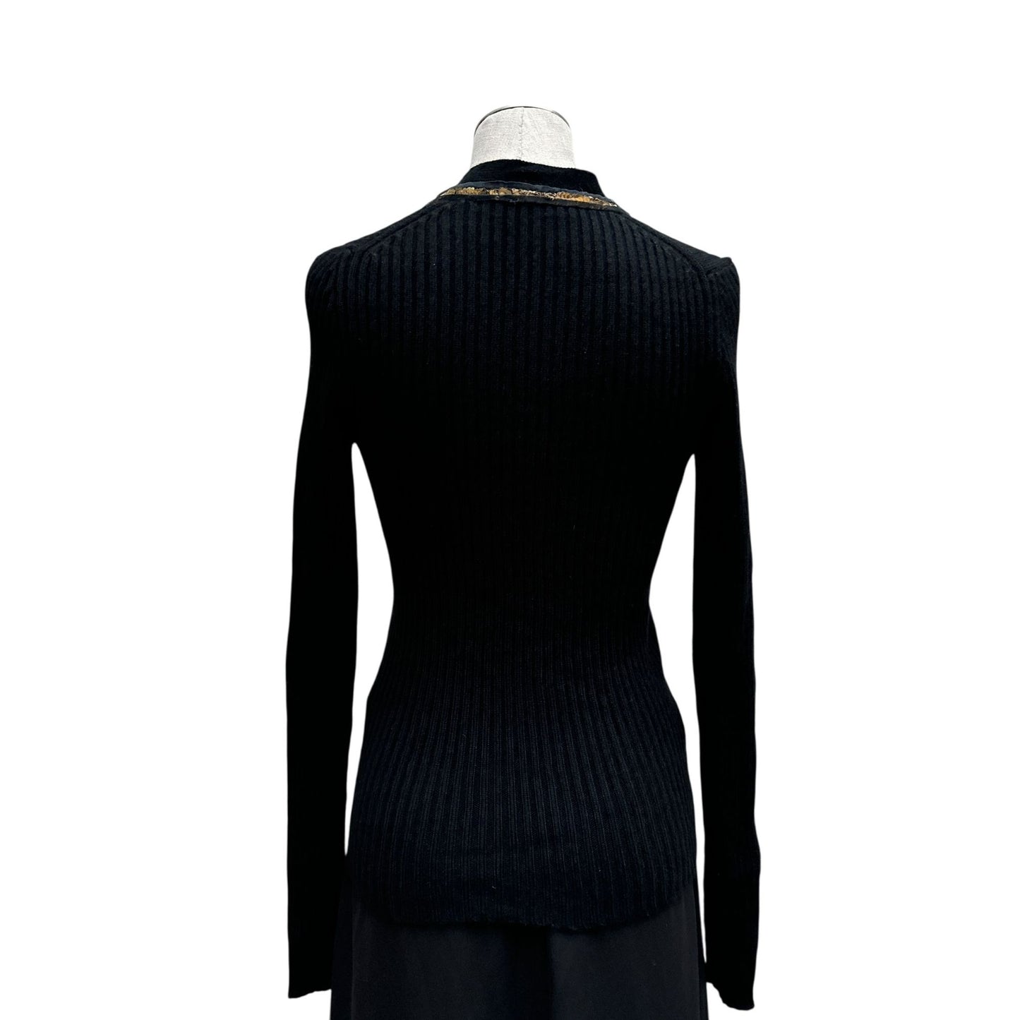 Black Ribbed Wool Cardigan with Sequin Trim