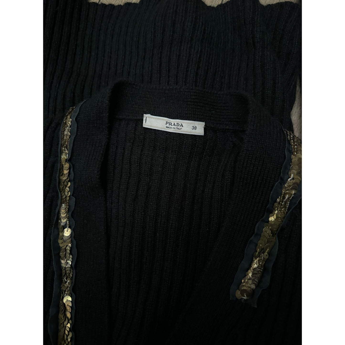 Black Ribbed Wool Cardigan with Sequin Trim
