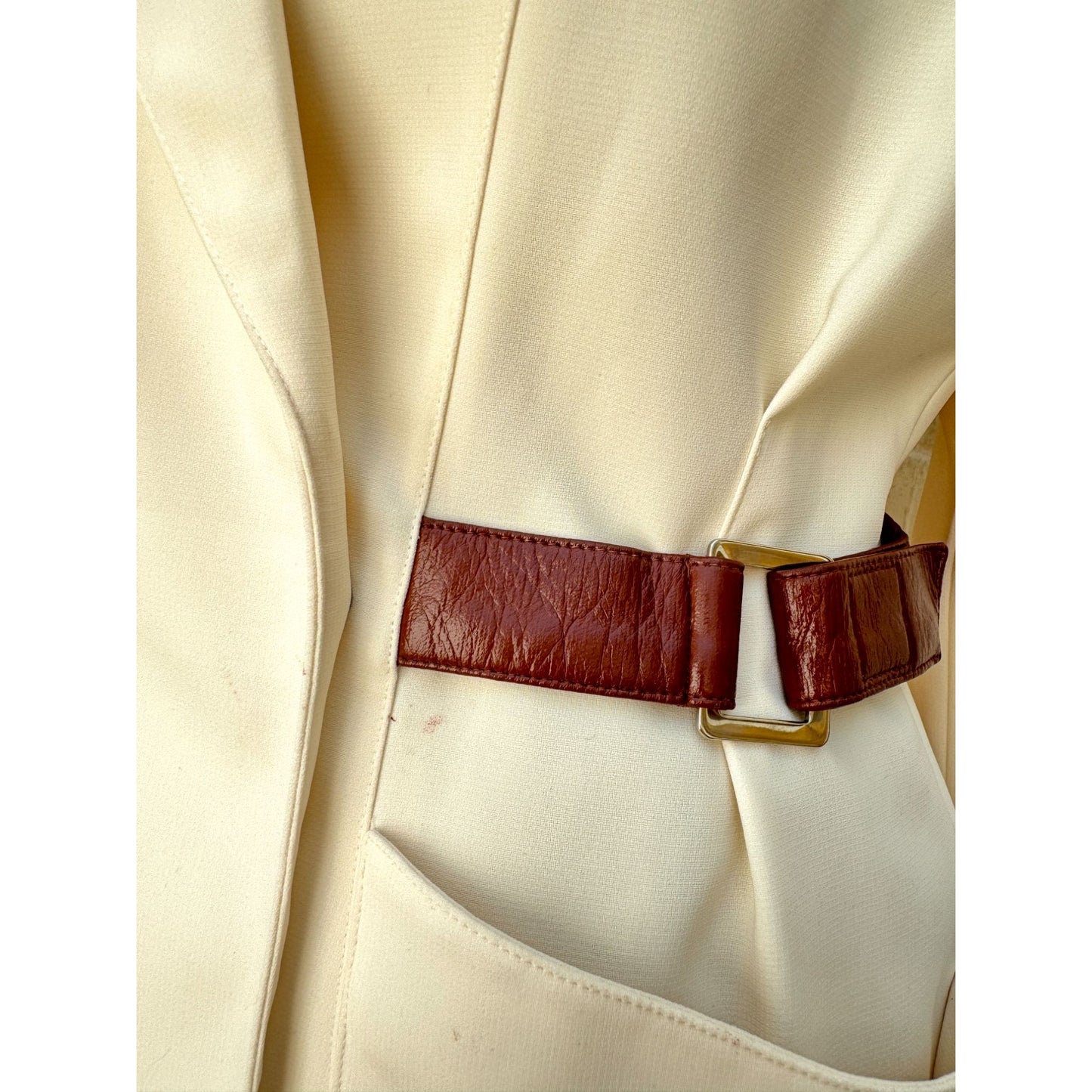 1990s Cream Blazer with Brown Leather Like Accents