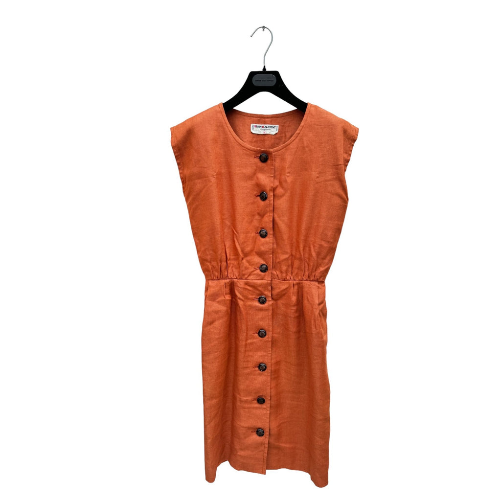 1970S Orange Linen Cotton Buttoned Dress