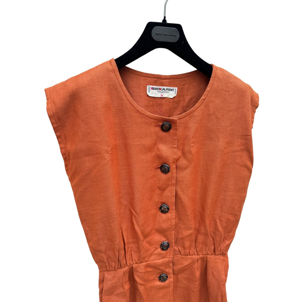 1970S Orange Linen Cotton Buttoned Dress