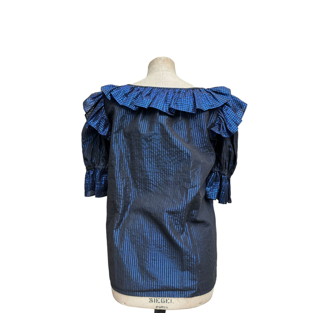 Vintage Metallic Blue striped ruffled top