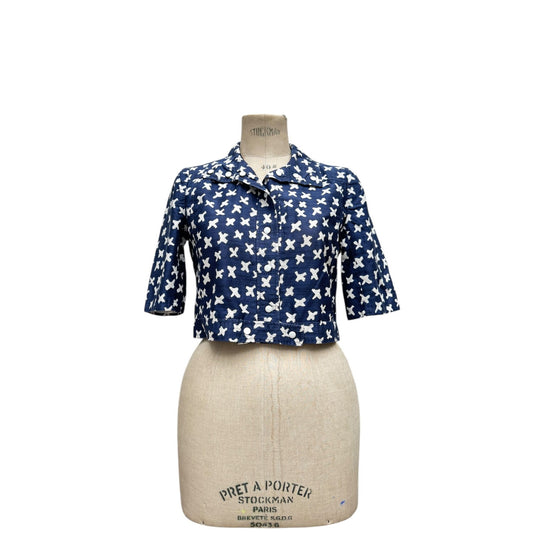 Vintage Navy & White Short Sleeve Cropped Jacket