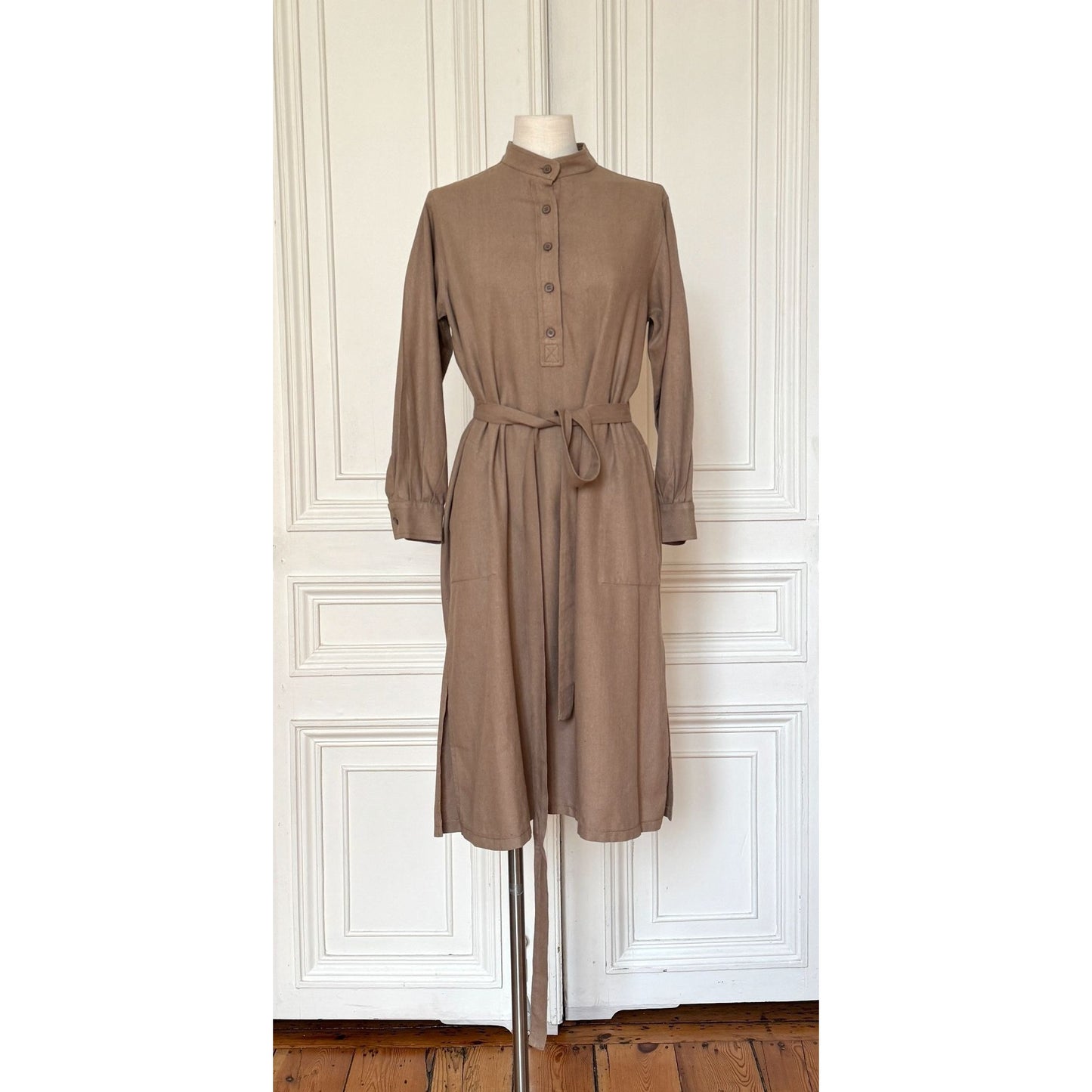 SS 1970 Beige Linen-Cotton Belted Shirt Dress