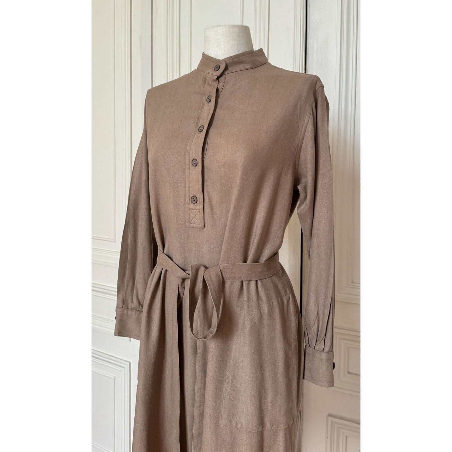 SS 1970 Beige Linen-Cotton Belted Shirt Dress
