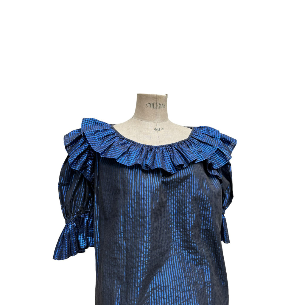 Vintage Metallic Blue striped ruffled top