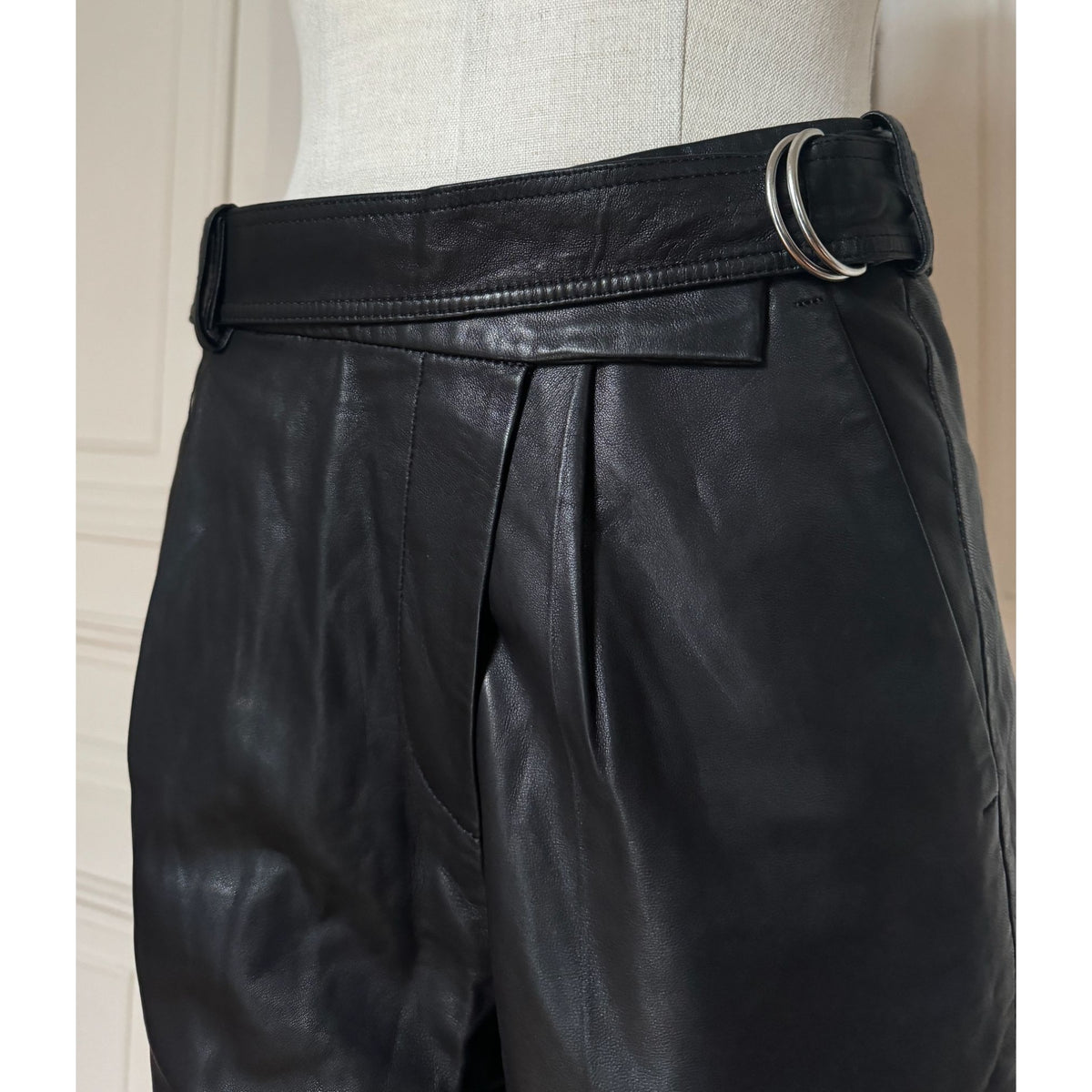 Black Lamb Leather Belted Shorts