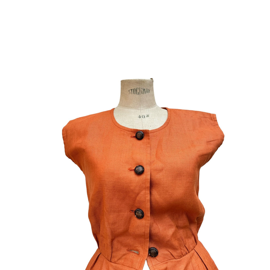 1970S Orange Linen Cotton Buttoned Dress