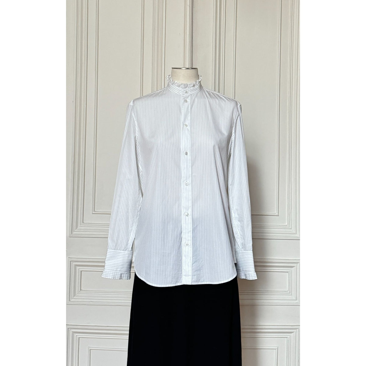 White Pinstriped Ruffle-Collar Shirt