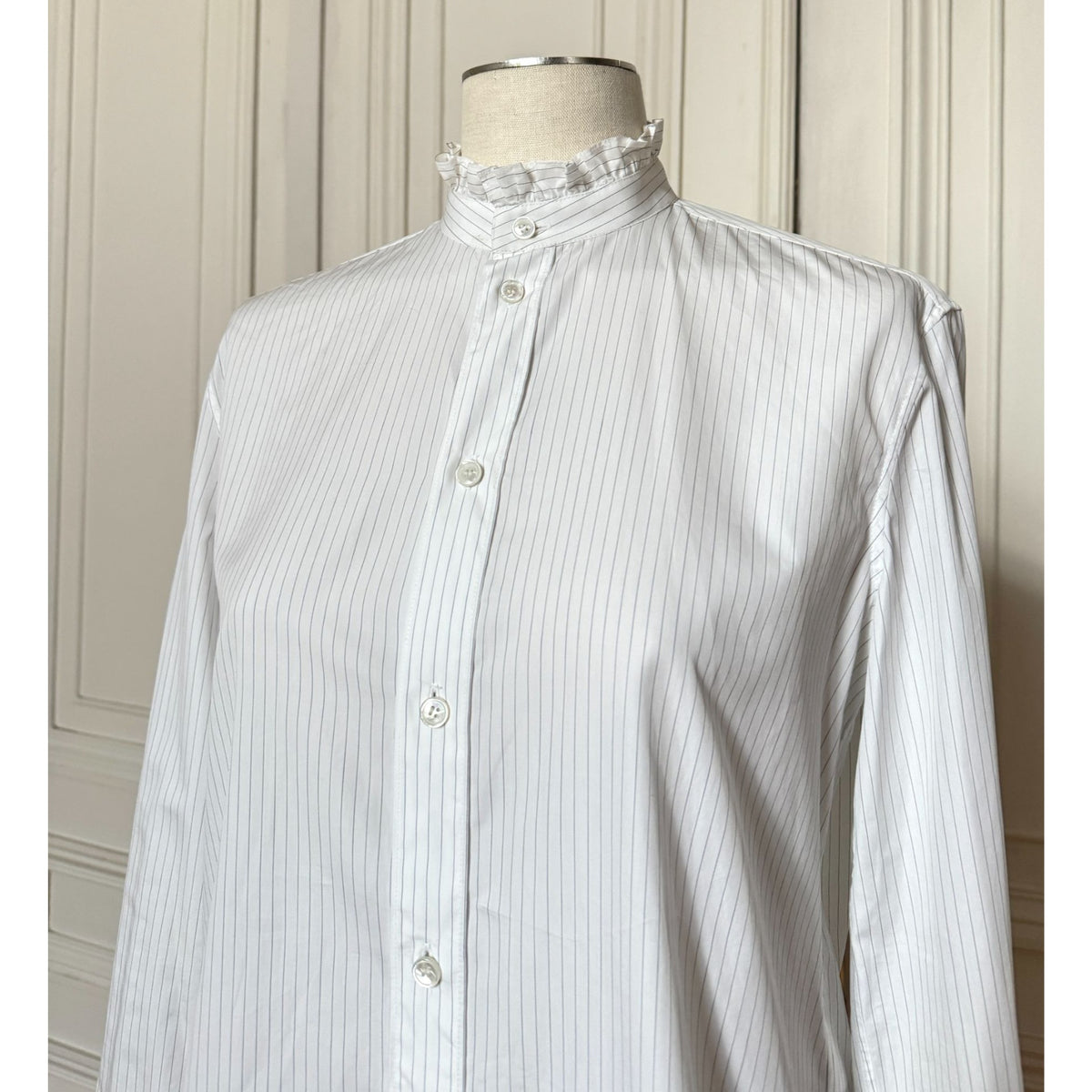 White Pinstriped Ruffle-Collar Shirt