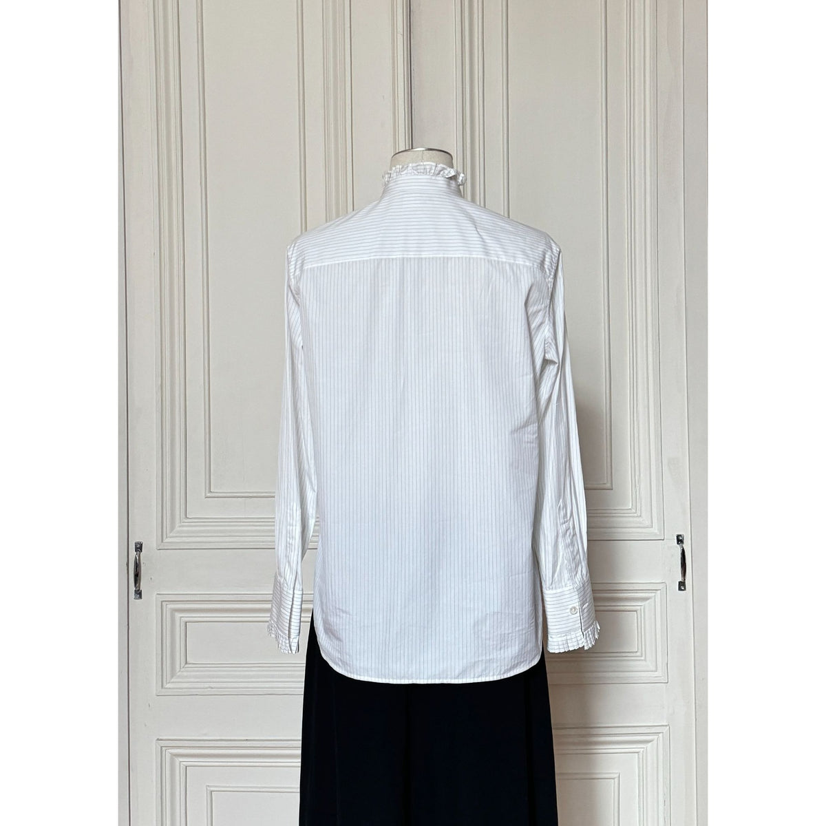 White Pinstriped Ruffle-Collar Shirt
