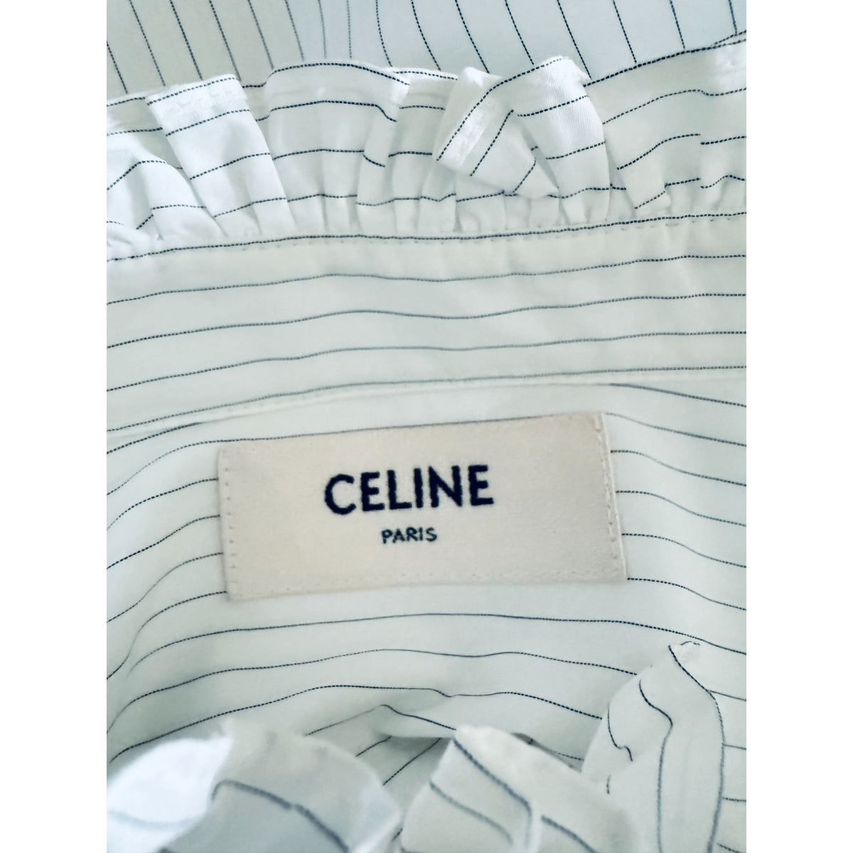 White Pinstriped Ruffle-Collar Shirt
