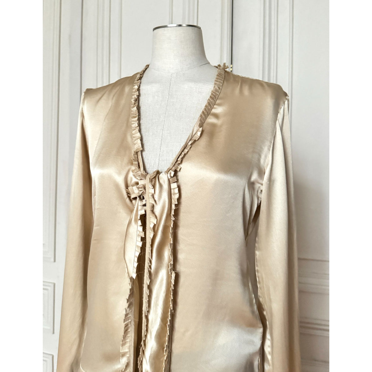 Tom Ford FW 2002 Champagne Silk Ruffle-Tie Blouse