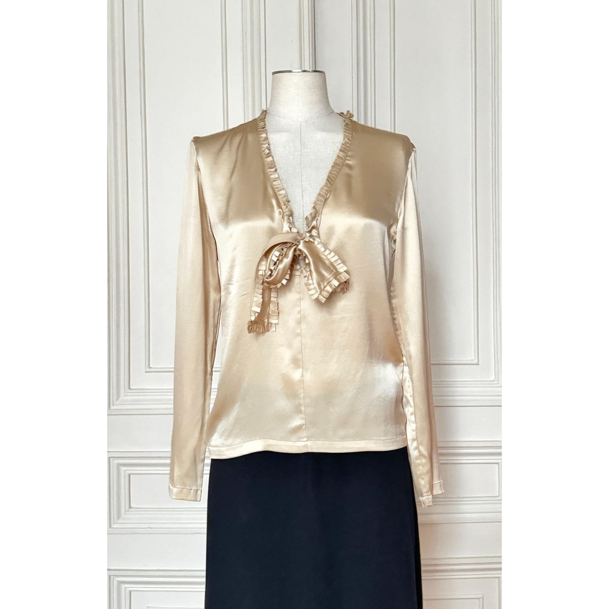 Tom Ford FW 2002 Champagne Silk Ruffle-Tie Blouse